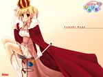  blonde_hair boots braid breasts cleavage crown dress elbow_gloves gloves gown high_heel_boots high_heels kuga_tamaki mahou_wa_ameiro? medium_breasts miyasu_risa princess red_eyes robe scepter shoes short_twintails sitting solo stool twintails wallpaper white_gloves 