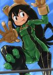  4shi :p against_glass asui_tsuyu black_eyes black_hair bodysuit boku_no_hero_academia boots breasts cameltoe covered_navel covered_nipples glass gloves goggles goggles_on_head green_bodysuit hair_rings highres long_hair low-tied_long_hair small_breasts solo thigh_boots thighhighs tongue tongue_out 