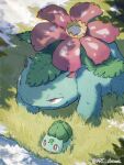  arc_draws bright_pupils bulbasaur day fang fang_out grass highres looking_up no_humans outdoors pokemon pokemon_(creature) red_eyes smile twitter_username venusaur watermark white_pupils 