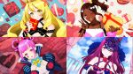  4girls ;d absurdres balloon bare_shoulders blonde_hair box breasts brown_hair butterfly_hair_ornament celine_(fire_emblem) cleavage closed_mouth cookie cross-laced_clothes cross-laced_dress crown dark-skinned_female dark_skin dress facial_mark fascinator fire_emblem fire_emblem_engage flower folded_twintails food gift gift_box green_eyes hair_flaps hair_flower hair_ornament hair_rings heart heart-shaped_box heart_facial_mark highres holding holding_box holding_gift hortensia_(fire_emblem) incoming_gift ivy_(fire_emblem) long_hair looking_at_viewer mole mole_under_mouth multicolored_hair multiple_girls one_eye_closed open_mouth pink_hair ponytail purple_eyes purple_hair red_flower red_rose rose s_n_reon short_bangs sidelocks smile star-shaped_pupils star_(symbol) striped_clothes striped_dress symbol-shaped_pupils timerra_(fire_emblem) twitter_username two-tone_hair upper_body v valentine vertical-striped_clothes vertical-striped_dress very_long_hair 