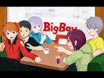  2boys 3girls ayanami_rei big_boy_restaurants black_eyes blue_eyes blue_hair coffee_mug collared_shirt cup diner drinking_straw grey_hair holding holding_cup ikari_shinji makinami_mari_illustrious mug multiple_boys multiple_girls nagisa_kaworu neon_genesis_evangelion open_mouth plusma purple_hair red-framed_eyewear red_eyes shirt sitting smile souryuu_asuka_langley yellow_shirt 