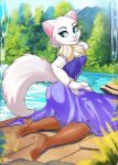 anthro blue_eyes boots clothed clothing clothing_lift damn_lasso_tool dreamworks dress dress_lift dulcinea_(puss_in_boots) felid feline female footwear forest forest_background fur hi_res lake mammal nature nature_background plant puss_in_boots_(dreamworks) short_sleeves solo tree water white_body white_fur