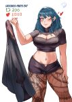  1girl absurdres black_shirt black_shorts blue_eyes blue_hair blush breasts byleth_(female)_(fire_emblem) byleth_(fire_emblem) cleavage cleavage_cutout clothing_cutout commentary crop_top deliciousbrain feet_out_of_frame fire_emblem fire_emblem:_three_houses grin hand_up highres large_breasts long_hair looking_at_viewer midriff navel one_eye_closed pantyhose pantyhose_under_shorts shirt short_shorts short_sleeves shorts simple_background smile solo standing stomach white_background 