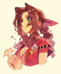  1girl absurdres aerith_gainsborough belt braid braided_ponytail breasts brown_hair choker cleavage final_fantasy final_fantasy_vii final_fantasy_vii_remake flower green_eyes hair_intakes hair_ribbon highres holding holding_flower jacket kaatokun long_bangs long_braid medium_breasts own_hands_clasped own_hands_together pink_ribbon red_jacket ribbon simple_background single_braid solo 