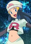 1girl :d absurdres beanie black_hair black_shirt blue_eyes commentary_request cosplay cropped_jacket dawn_(pokemon) elbow_gloves eyelashes gloves hainchu hair_ornament hairclip happy hat highres jacket jessie_(pokemon) jessie_(pokemon)_(cosplay) long_hair looking_at_viewer navel night open_mouth outdoors pokemon pokemon_(anime) pokemon_dppt_(anime) shirt sidelocks skirt smile solo star_(sky) tongue white_headwear white_jacket white_skirt 