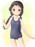  amayadori_machi bangs bare_shoulders black_hair blunt_bangs blush brown_eyes commentary_request flat_chest kumamiko long_hair looking_at_viewer low_twintails old_school_swimsuit one-piece_swimsuit pu-en school_swimsuit smile solo standing swimsuit twintails 