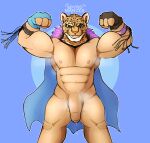 abs absurd_res animal_humanoid anthro balls bared_teeth big_balls big_penis bodily_fluids breasts brown_body brown_fur cape clenched_teeth clothing confident confident_male cuffs_(clothing) cum eyebrows fangs feathered_cape feathers felid felid_humanoid flaccid flexing flexing_bicep flexing_biceps flexing_both_biceps flexing_muscles foreskin fur genital_fluids genitals glistening glistening_body glistening_breasts glistening_eyes glistening_genitalia glistening_penis glistening_skin gloves gradient gradient_background green_eyes handwear hi_res huge_balls humanoid jaguar jaguar_humanoid king_(tekken) leaking leaking_cum leaking_penis leaking_precum male mammal mammal_humanoid markings muscular muscular_anthro muscular_humanoid muscular_male muscular_thighs navel nipples orange_body orange_fur orange_nose pantherine pantherine_humanoid pecs penis precum purple_body purple_feathers raised_arm raised_eyebrow simple_background smile smiling_at_viewer solo spots spotted_body spotted_fur spotted_markings spyromancer standing tan_body tan_skin teeth teeth_showing tekken text white_body white_skin