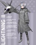  1girl absurdres aircraft artist_name black_gloves closed_mouth english_text expressionless f-35_lightning_ii full_body gloves grey_hair headgear highres hood hood_down long_sleeves looking_at_viewer mecha_musume military_vehicle original pandramodo purple_eyes short_hair solo standing twitter_username 