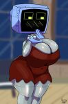 absurd_res anthro big_breasts big_butt blush blush_lines breasts butt clothed clothing corrugated_arms corrugation detailed_background digital_media_(artwork) dress electronics female fennythefox for_a_head hand_on_breast hi_res huge_breasts huge_butt karen_plankton looking_down machine monitor navel nickelodeon nipples not_furry object_head robot screen screen_face screen_head signal_line simple_background solo spongebob_squarepants thick_thighs tight_clothing tight_dress wide_hips