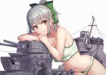  bangs bow bow_panties bra breasts brown_eyes cannon cleavage closed_mouth eyebrows eyebrows_visible_through_hair green_bow green_bra green_panties grey_hair hair_bow kantai_collection leaning_to_the_side looking_at_viewer machinery medium_breasts navel panties ponytail short_hair silver_hair simple_background sitting smile solo stomach terras turret underwear underwear_only white_background yellow_eyes yuubari_(kantai_collection) 