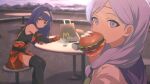  2girls ahoge ahonoko bag bare_shoulders black_thighhighs brown_bag burger dress eating fire_emblem fire_emblem:_radiant_dawn food gloves green_eyes hairband highres ilyana_(fire_emblem) long_hair looking_at_viewer mcdonald&#039;s mia_(fire_emblem) multiple_girls orange_dress orange_gloves outdoors purple_eyes purple_hair sitting table thighhighs white_hairband 