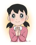  1girl black_eyes black_hair commentary_request dated doraemon low_twintails minamoto_shizuka mochi-iri_kinchaku own_hands_clasped own_hands_together smile solo twintails upper_body 