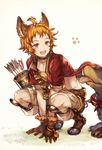  animal_ears brown_gloves cat_ears erune fangs flesselles_(granblue_fantasy) fur_trim gloves granblue_fantasy grass looking_at_another male_focus midriff official_style orange_hair paw_print shigaraki_(strobe_blue) simple_background smile solo squatting 