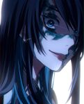  1girl ado_(utaite) backlighting black_hair blue_eyes blue_hair chando_(ado) cloud_nine_inc commentary_request highres keeko_(kk_0012) long_hair looking_at_viewer mole mole_under_eye paint_splatter paint_splatter_on_face parted_lips portrait sidelocks signature simple_background solo utaite white_background 