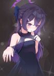 1girl absurdres bare_shoulders blue_archive blush brown_background commentary dress earrings hair_ornament hairclip halo hands_up haruka_(blue_archive) haruka_(dress)_(blue_archive) high_(hgih) highres jewelry long_hair looking_down open_mouth purple_dress purple_eyes purple_hair purple_halo purple_nails ring solo wedding_ring 