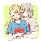  2girls blonde_hair blue_shirt blush closed_eyes closed_mouth commentary_request dungeon_meshi elf falin_thorden green_background grey_hair grey_shirt highres holding_hands hug hug_from_behind long_hair marcille_donato multiple_girls open_mouth pointy_ears ponytail shirt short_hair short_sleeves smile two-tone_background white_background youyan yuri 
