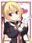  1girl ace_(playing_card) ace_of_hearts adjusting_clothes adjusting_gloves arihara_nanami black_capelet black_shirt blonde_hair blush braid capelet card closed_mouth colored_eyelashes commentary crossed_bangs eyes_visible_through_hair gloves hair_between_eyes hair_ribbon hands_up heart highres hood hood_down long_hair long_sleeves looking_at_viewer low_twintails mako_mako necktie no_headwear playing_card red_eyes red_necktie red_ribbon ribbon riddle_joker shirt side_braid simple_background single_glove smile solo split_mouth straight_hair tsurime twintails upper_body very_long_hair white_background white_gloves 