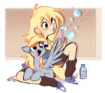  1girl blonde_hair bubble bubble_blowing derpy_hooves dual_persona highres humanization long_hair mismatched_pupils my_little_pony my_little_pony:_friendship_is_magic pegasus pegasus_wings pony_(animal) sitting soap_bubbles syrupyyyart wings 