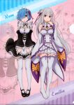  2girls absurdres bare_shoulders blue_eyes blue_hair blush braid breasts cleavage dress emilia_(re:zero) flower frills grey_hair hair_flower hair_ornament hair_over_one_eye hair_ribbon highres large_breasts long_hair looking_at_viewer multiple_girls official_art pink_ribbon pointy_ears purple_eyes re:zero_kara_hajimeru_isekai_seikatsu rem_(re:zero) ribbon roswaal_mansion_maid_uniform short_hair straight_hair white_flower white_hair x_hair_ornament 