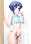  1girl black_panties blue_hair blue_tank_top blurry blurry_background blush bob_cut breasts cameltoe commentary_request cowboy_shot crop_top fingernails food food_in_mouth green_eyes holding holding_food holding_popsicle kashiwagi_haruko large_breasts looking_afar medium_bangs muv-luv navel panties popsicle popsicle_in_mouth sakura_ryuuken short_hair solo tank_top underboob underwear 
