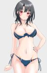  1girl bikini black_hair blue_bikini blue_nails commentary_request cowboy_shot front-tie_bikini_top front-tie_top grey_background hand_on_own_hip highres kantai_collection nail_polish nitamako_(sakamalh) red_eyes short_hair side-tie_bikini_bottom simple_background solo standing swimsuit takao_(kancolle) thigh_gap 