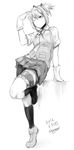  2016 bangs bike_shorts commentary_request dated full_body gloves greyscale hair_ornament hand_in_hair kantai_collection leaning_back leg_up monochrome neck_ribbon one_eye_closed pleated_skirt ponytail ribbon shiranui_(kantai_collection) shirt short_sleeves shorts shorts_under_skirt sigama signature sketch skirt solo thigh_strap tiptoes vest white_background 
