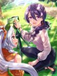  2girls absurdres animal_ears braid business_suit grass grey_hair hair_between_eyes highres horse_ears long_hair long_sleeves multiple_girls official_art open_mouth outdoors pants purple_eyes purple_hair shirt side_braid simple_background sitting sonon_elfie_(umamusume) suit teacher tree umamusume yellow_eyes 