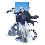  1boy absurdres alternate_costume animal_ears arknights artist_request bara facial_hair faux_figurine full_body furry furry_male goatee haori highres japanese_clothes kimono looking_at_viewer male_focus mountain_(arknights) new_year scar scar_across_eye short_hair smile solo standing thick_eyebrows tiger_boy tiger_ears white_hair 