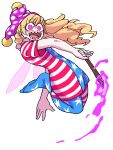  1girl absurdres american_flag_dress american_flag_legwear blonde_hair clownpiece commentary eddybird55555 fire full_body hat highres holding holding_torch jester_cap long_hair looking_at_viewer purple_fire purple_headwear ringed_eyes sharp_teeth simple_background solo teeth torch touhou white_background wings 