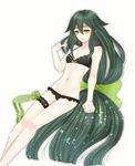  asaki_benio black_bra black_panties bra breasts collarbone gatchaman_crowds green_eyes green_hair green_ribbon groin hair_ribbon leg_garter long_hair looking_at_viewer navel panties ribbon simple_background small_breasts solo underwear underwear_only utsutsu very_long_hair white_background 