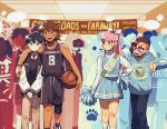  2girls 3boys 6+others arm_around_shoulder artist_name aubrey_(faraway)_(omori) aubrey_(omori) ball bandaid bandaid_on_knee bandaid_on_leg basil_(faraway)_(omori) basil_(omori) basketball_(object) black_eyes black_hair black_pants black_shorts blank_speech_bubble blonde_hair blue_hoodie blue_skirt bow bracelet brown_eyes brown_hair cheerleader closed_mouth collared_shirt dark-skinned_male dark_skin expressionless hair_bow highres holding holding_ball hood hoodie indoors jacket jewelry kel_(faraway)_(omori) kel_(omori) kim_(omori) long_hair long_sleeves looking_at_another multiple_boys multiple_girls multiple_others necktie omori open_mouth pants parted_lips pink_hair pleated_skirt pom_pom_(cheerleading) red_necktie shirt short_hair shorts skirt speech_bubble sunny_(omori) sweatpants teeth upper_teeth_only watermark white_bow white_shirt zipsunz 