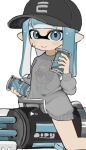  1girl ballpoint_splatling_(splatoon) baseball_cap black_headwear blue_eyes blue_hair closed_mouth commentary_request dot_nose fizzy_bomb_(splatoon) grey_sweater hat holding holding_weapon inkling inkling_girl inkling_player_character long_hair looking_at_viewer mt38lg pointy_ears print_headwear print_sweater simple_background smile solo splatoon_(series) splatoon_3 sweater tentacle_hair weapon white_background 