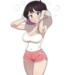  1girl black_hair breasts cleavage collarbone cowboy_shot hilda_(series) holding holding_towel kaisa_(hilda) large_breasts light_blush looking_at_viewer mangamaster multicolored_hair purple_hair red_shorts shorts simple_background solo standing steam tank_top towel white_background white_tank_top 
