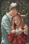  1girl 2016 :d absurdres animal_ears arm_grab artist_name bangs black_hair blue_shirt closed_eyes couple dated hetero highres hug long_hair looking_at_viewer number open_mouth original parted_bangs plant red_sweater shirt short_hair smile sweater upper_body vines watch wristwatch zennosuke 
