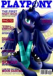  2015 blue_feathers blush clothing cover english_text equine feathered_wings feathers female feral friendship_is_magic horn legwear magazine magazine_cover mammal my_little_pony open_mouth princess_luna_(mlp) pshyzo socks solo text winged_unicorn wings 