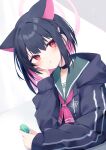  1girl animal_ears black_choker black_hair black_hoodie blue_archive blush choker closed_mouth commentary_request drawstring food green_sailor_collar hair_between_eyes halo highres holding holding_food hood hood_down hoodie kazusa_(blue_archive) long_sleeves looking_at_viewer macaron mouth_hold multicolored_hair nibiiro_shizuka pink_hair puffy_long_sleeves puffy_sleeves red_eyes sailor_collar sleeves_past_wrists solo two-tone_hair upper_body 