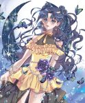  1girl bishoujo_senshi_sailor_moon black_hair blue_eyes bow choker crescent crescent_earrings crescent_facial_mark crescent_necklace double_bun dress earrings facial_mark forehead_mark hair_bun jewelry long_hair luna_(sailor_moon)_(human) necklace smile solo tokiwa_akane very_long_hair yellow_bow yellow_choker yellow_dress 