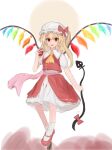  1girl 83mkneinlsqmebq apple ascot blonde_hair bow commentary_request crystal flandre_scarlet food fruit hat hat_bow highres holding holding_food holding_fruit holding_weapon laevatein_(touhou) long_hair looking_at_viewer mob_cap multicolored_wings one_side_up open_mouth puffy_short_sleeves puffy_sleeves red_apple red_bow red_eyes red_vest short_sleeves side_ponytail skirt smile solo touhou vest weapon white_headwear wings 