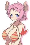  blush bra breasts cleavage collarbone draph granblue_fantasy horns jewelry karva_(granblue_fantasy) katami_shinta large_breasts looking_at_viewer navel necklace pink_hair pointy_ears purple_eyes ribbon short_hair simple_background smile solo striped striped_bra underwear upper_body white_background 