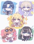  5girls ahoge black_hair blonde_hair blowing_kiss blue_eyes blue_hair boned_meat bottle cellphone chabashira champagne_flute chibi cup drinking_glass fang food grey_hair hair_ornament heart highres hiodoshi_ao hololive hololive_dev_is ichijou_ririka jacket juufuutei_raden lightning_bolt_symbol meat multiple_girls musical_note musical_note_hair_ornament one_eye_closed orange_hair otonose_kanade phone purple_eyes red_eyes regloss_(hololive) sake_bottle selfie smartphone sparkle todoroki_hajime virtual_youtuber 