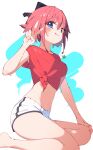  1girl :p absurdres bare_arms bare_legs barefoot blue_eyes clover collar four-leaf_clover four-leaf_clover_necklace hair_ribbon highres looking_at_viewer navel original pink_hair rasusurasu ribbon shirt_rolled_up short_hair short_shorts short_sleeves shorts simple_background sitting smile solo stomach sweat sweatdrop thighs tongue tongue_out v wariza 