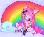 &lt;3 absurd_res ambiguous_gender ambiguous_species anthro blue_eyes bow_(feature) bracelet canid clothing cloud collar colorful coontail_hair double_tail eyelashes fishnet fishnet_legwear hair hi_res jewelry kandi_(bracelet) klbblez legwear mammal multiple_piercings pacifier piercing pink_hair pink_nose rainbow_background shaded simple_background solo sparkledog thigh_highs torn_clothing tufted_fur
