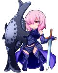  1girl armored_leotard bare_shoulders breasts chibi elbow_gloves fate/grand_order fate_(series) gloves hair_over_one_eye large_breasts looking_at_viewer mash_kyrielight oborotsuki_kakeru pink_eyes pink_hair purple_gloves purple_thighhighs shield short_hair smile solo sword thighhighs weapon 