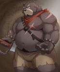 2024 absurd_res anthro bear belly big_belly bottomwear brown_body clothing cute_fangs hi_res humanoid_hands kemono male mammal moobs musclegut muscular navel nipples overweight overweight_male scar shorts simple_background solo timaki_z weapon