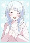  1girl ^_^ absurdres bang_dream! blush braid closed_eyes facing_viewer floral_background highres knit_sweater open_mouth own_hands_clasped own_hands_together smile solo twin_braids upper_body user_jxnk5728 wakamiya_eve white_hair 