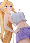  1girl absurdres bare_shoulders blonde_hair blush breasts hair_between_eyes highres karuizawa_kei medium_breasts navel pants ponytail purple_eyes purple_pants solo xueli_shimazaki youkoso_jitsuryoku_shijou_shugi_no_kyoushitsu_e 