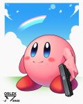 2022 4:5 5_fingers absurd_res ambiguous_gender biped cc-by-nc-nd creative_commons fingers gun hi_res holding_gun holding_object holding_weapon kirby kirby_(series) nintendo not_furry orlek pink_body rainbow ranged_weapon smile solo vein waddling_head weapon