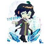  1boy black_footwear black_hair black_pants character_name chibi chinese_commentary commentary_request gold_trim grey_eyes hand_on_own_chest highres hood hood_down hooded_robe jiao_zhi_straight long_sleeves male_focus open_mouth pants partially_translated purple_robe robe saibou_shinkyoku shirt short_hair smile solo stole translation_request utsugi_noriyuki white_shirt 