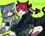  2girls animal_ears black_bow black_dress blush blush_stickers bow braid cat_ears cat_girl commentary dress extra_ears fang grey_hair hair_bow highres kaenbyou_rin long_sleeves mouse_girl multiple_girls musical_note nazrin nekomata open_mouth oyatu_yatu red_eyes red_nails short_hair side_braids simple_background sweatdrop touhou twin_braids 