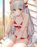  alternate_costume amatsukaze_(kantai_collection) arm_support bad_id bad_pixiv_id bangs beach between_legs bikini bow_bikini breasts eyebrows eyebrows_visible_through_hair food food_in_mouth hair_tubes halterneck hand_between_legs highres holding holding_food ice_cream kantai_collection long_hair looking_away looking_to_the_side mouth_hold navel outdoors pole popsicle red_bikini shade side-tie_bikini silver_hair sitting small_breasts solo stomach striped striped_bikini suzuharu_toufu swimsuit two_side_up very_long_hair windsock yellow_eyes 